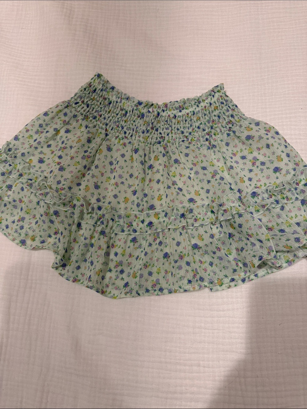 Zara Light Green Floral Smocked Tiered Mini Skirt